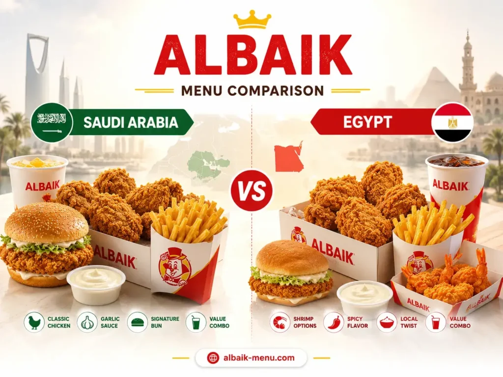 Albaik Egypt menu popular items, including chicken, garlic sauce, and jumbo shrimp in a bright food layout