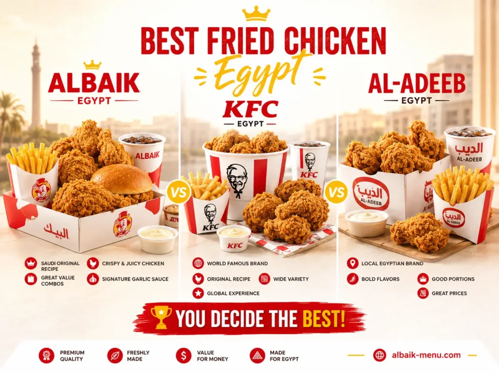Albaik Egypt menu comparison with KFC and Al-Adeeb showing the best fried chicken in Egypt