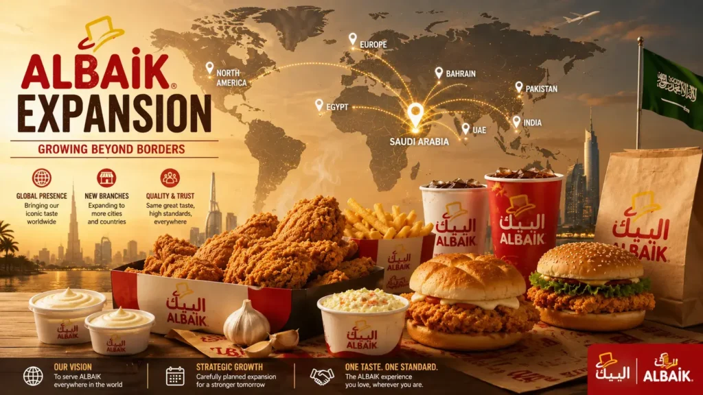 Albaik expansion global growth concept showing the Saudi fast food chain entering new international markets