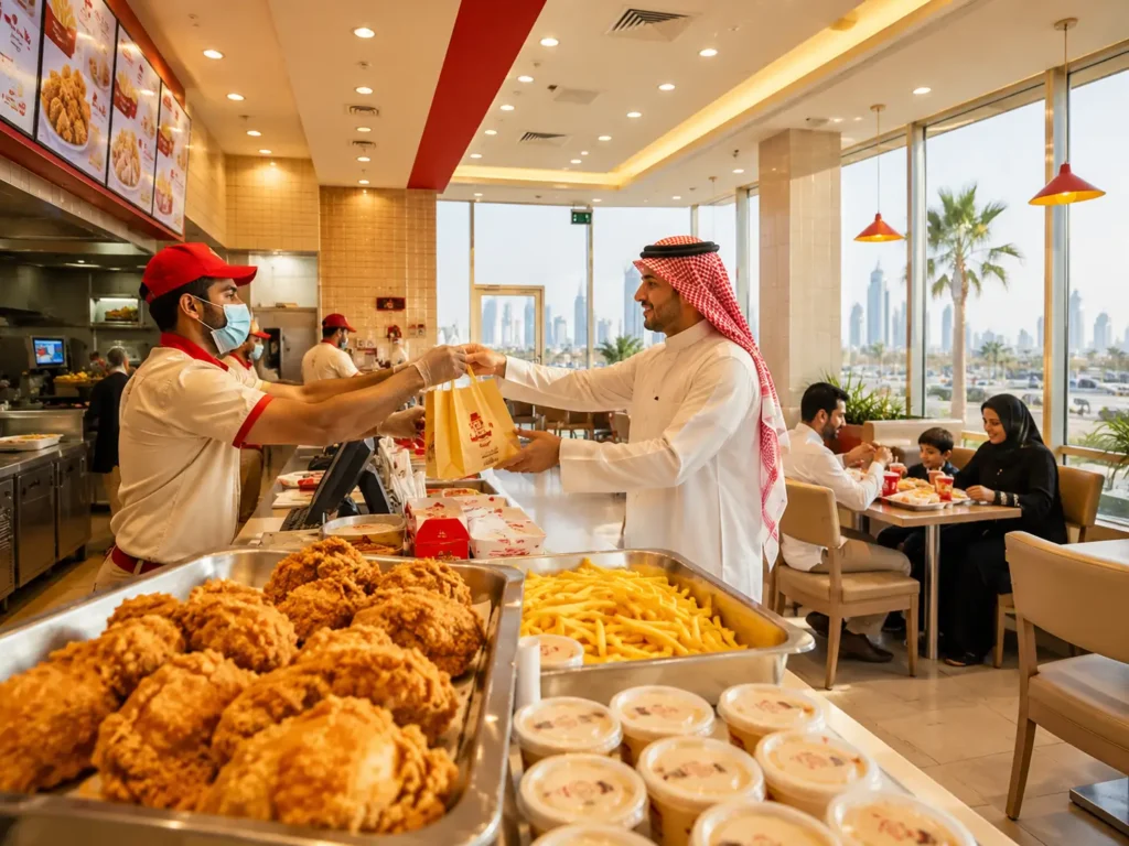 Albaik Jeddah Branch quality factors, fresh food, clean seating, and fast service in a bright restaurant scene