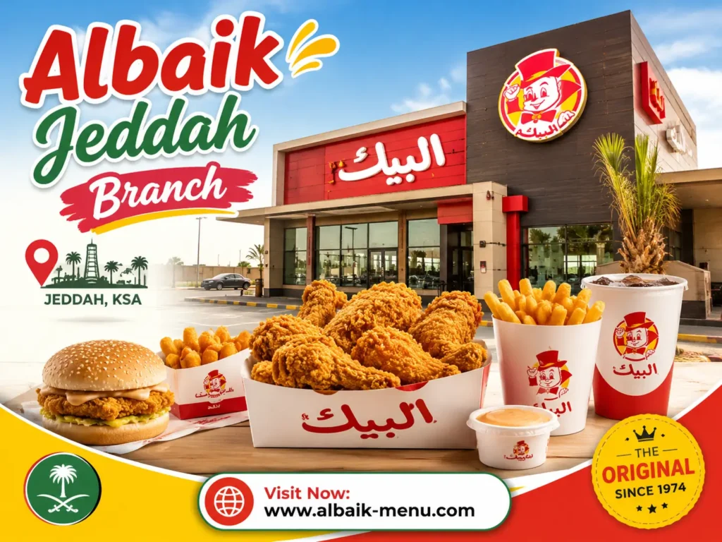Albaik Jeddah Branch exterior with Albaik chicken meal, fries, drinks, and bright KSA branding
