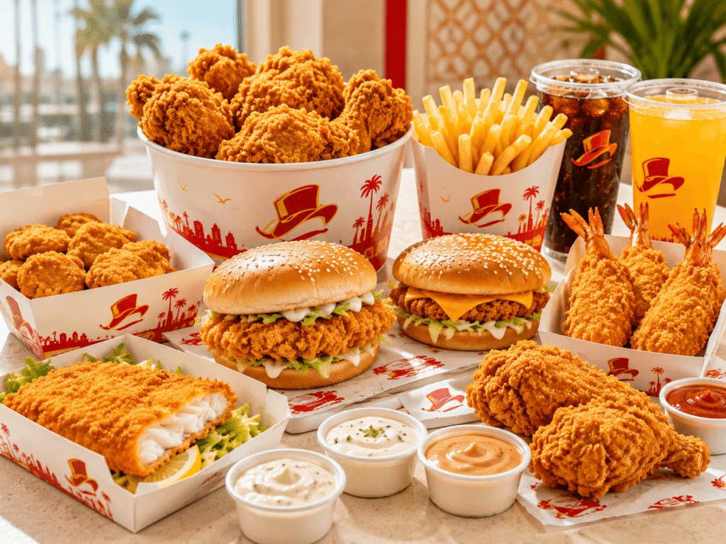 Albaik Jeddah Branch menu items including broast chicken, shrimp meal, fish fillet, and sandwiches