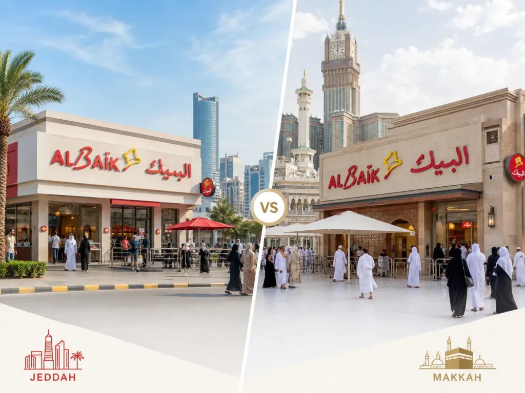 Albaik Jeddah Branch versus Albaik Makkah comparison with branch exterior and city travel context