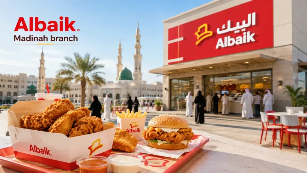 Albaik Madinah branch hero image showing a bright modern food scene in Madinah with a clean premium restaurant feel