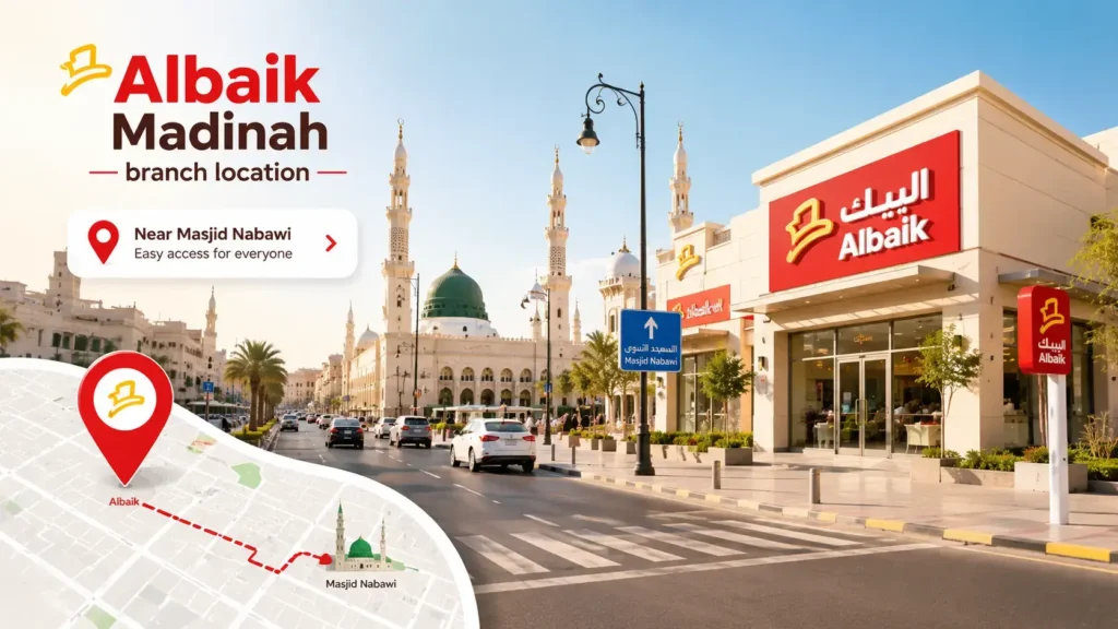 Albaik Madinah branch location image showing a clear Madinah street view and nearby landmark access