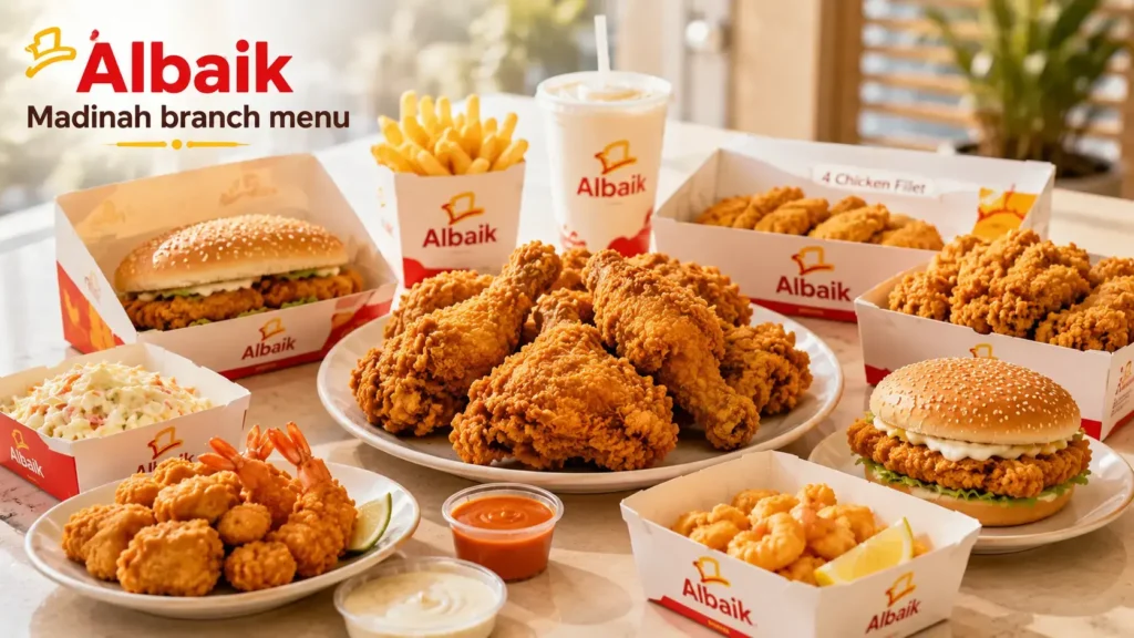 Albaik Madinah branch menu image featuring fried chicken, sandwich meals, and seafood options