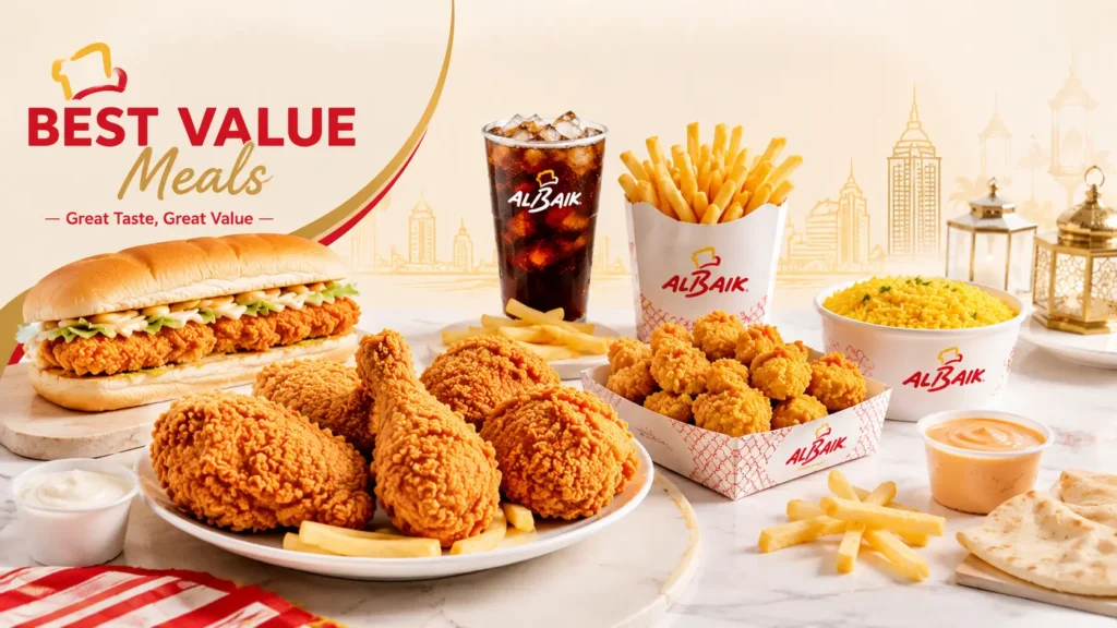Albaik menu UAE prices best value meals image showing a bright selection of chicken meals, combos, fries, and sauces in a premium layout