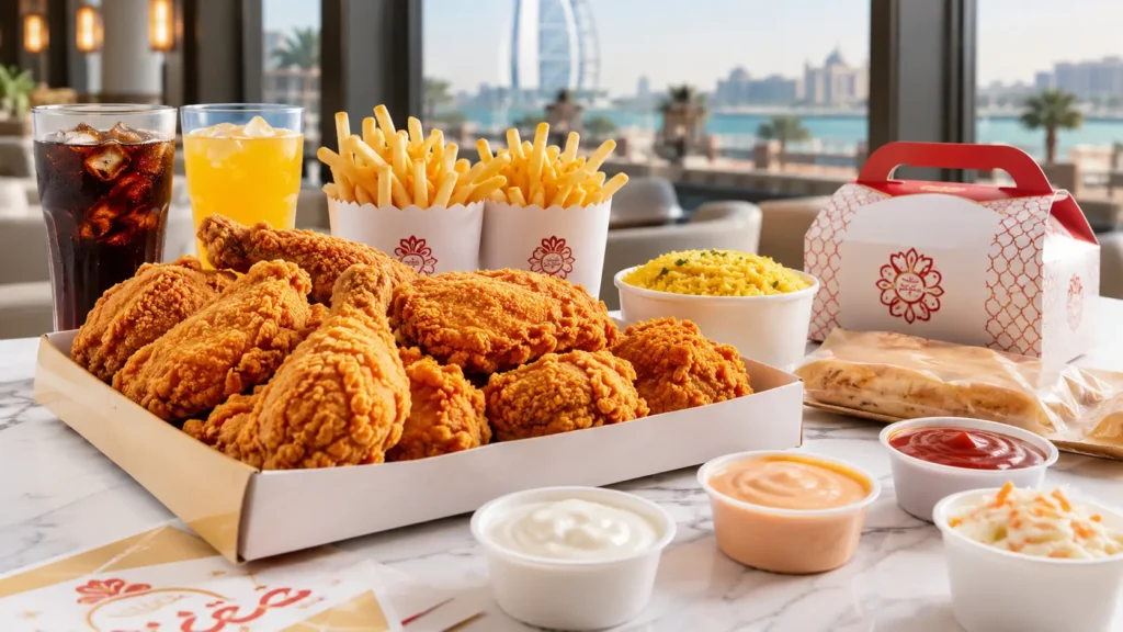 Albaik menu UAE prices hero image showing a bright premium food spread with chicken meals, fries, sauces, and drinks in a modern UAE-inspired setting