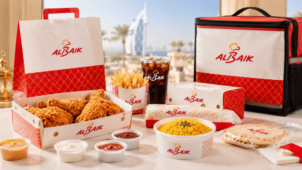 Albaik menu UAE prices ordering tips image with takeaway meals, delivery bag, drinks, and a bright modern UAE food layout