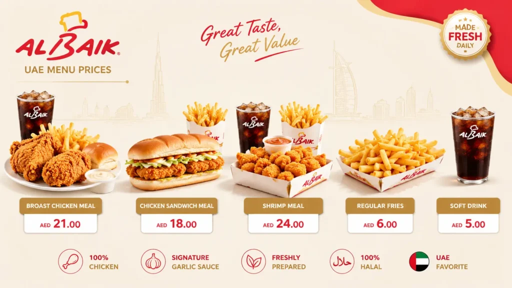 Albaik menu UAE prices price guide image with a clean table style layout and popular meal items displayed in a bright modern food design