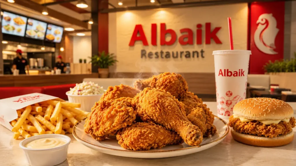 A high-quality featured image for the Albaik Restaurant article showing golden broasted fried chicken plated in a premium food photography style, representing the best fried chicken experience in Saudi Arabia.