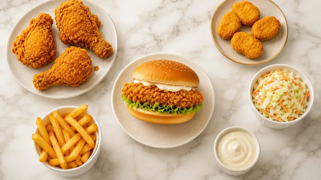 Albaik Restaurant full menu spread showing fried chicken nuggets Big Baik burger garlic sauce and shrimp meal