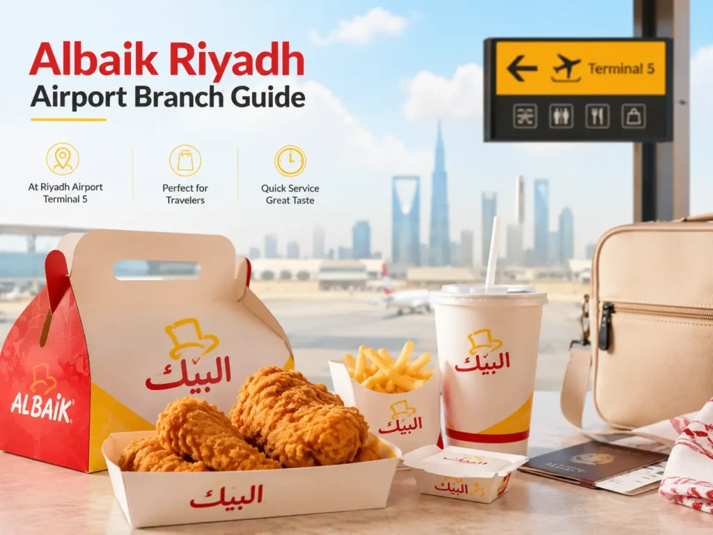 Albaik Riyadh Branch airport guide with bright KSA travel atmosphere and food branding