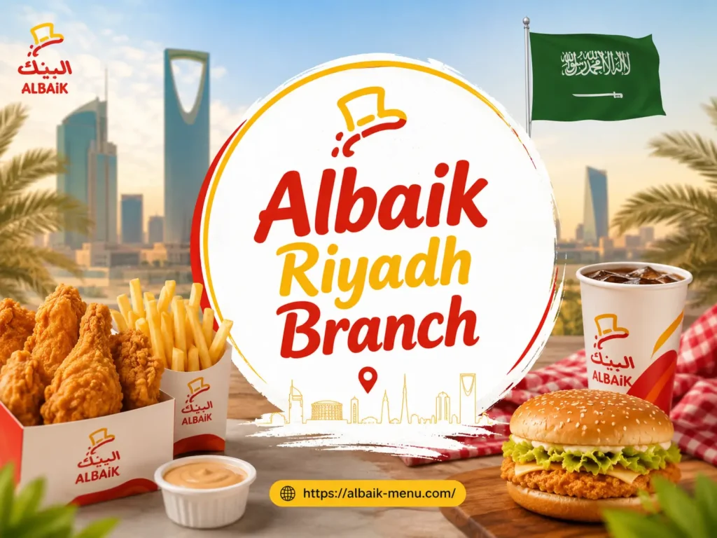 Albaik Riyadh Branch hero image with bright KSA-themed food branding and Riyadh skyline
