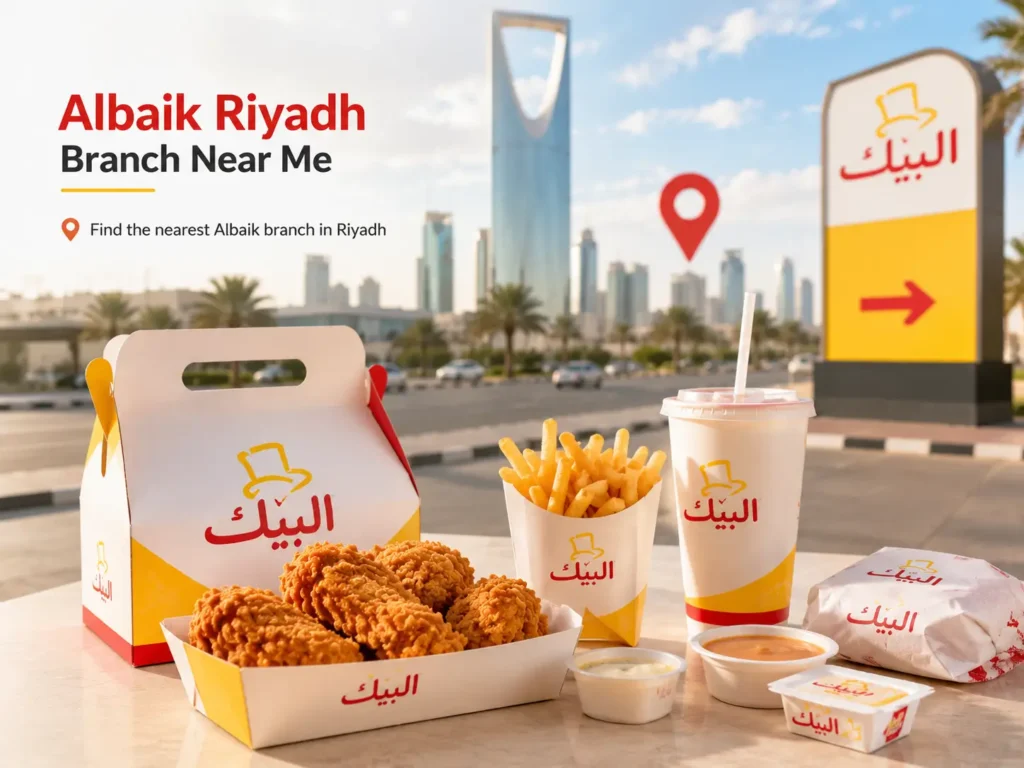 Albaik Riyadh Branch near me visual with bright location-based food branding