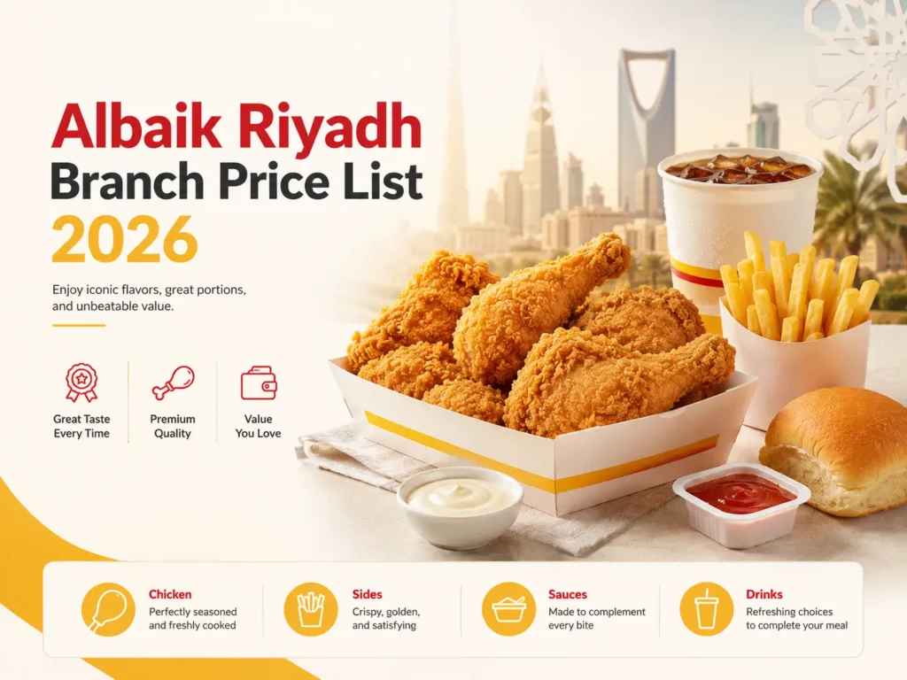 Albaik Riyadh Branch price list 2026 with bright premium food presentation