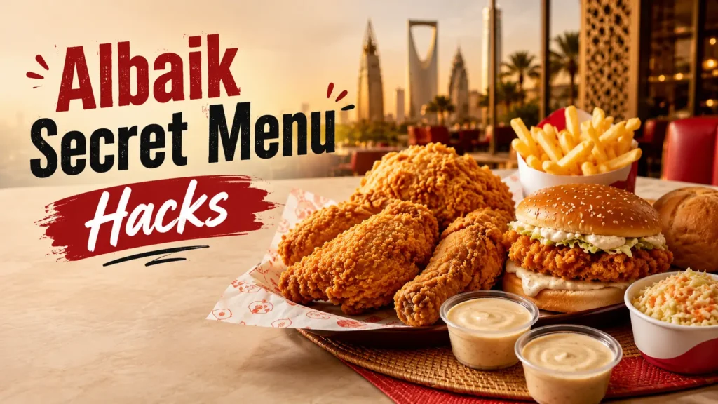 Albaik Secret Menu Hacks featured image showing a realistic Saudi fast-food table with crispy chicken, fries, garlic sauce, and secret menu style meal combo