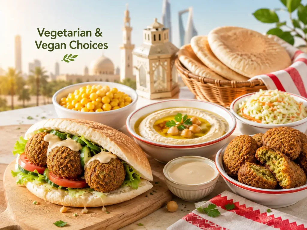 Albaik Vegetarian and Vegan Choices in KSA with falafel sandwich, hummus and tahina sauce