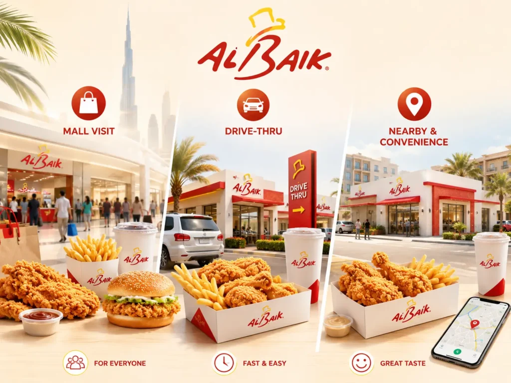 Best Albaik Dubai branch comparison with mall, drive-thru, and neighborhood options