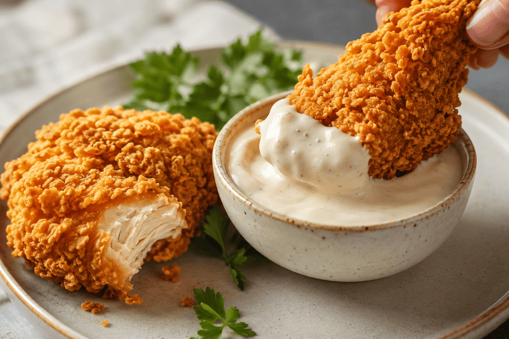 Albaik crispy chicken being dipped into garlic sauce