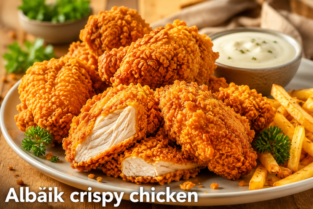 A plate of Albaik crispy chicken pieces with a bowl of garlic dipping sauce.