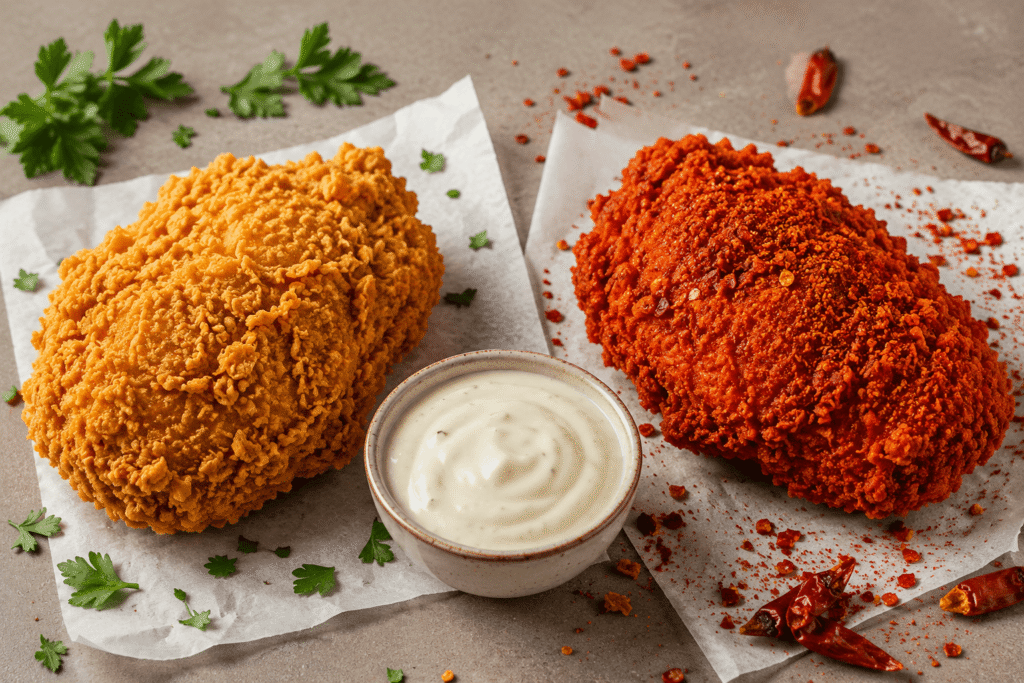 Two Albaik crispy chicken pieces (one regular, one spicy) side by side for comparison