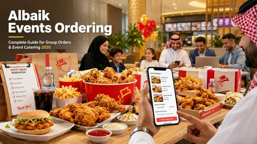 Albaik Events Ordering featured image showing event catering meals, family food packages, and online group ordering in Saudi Arabia