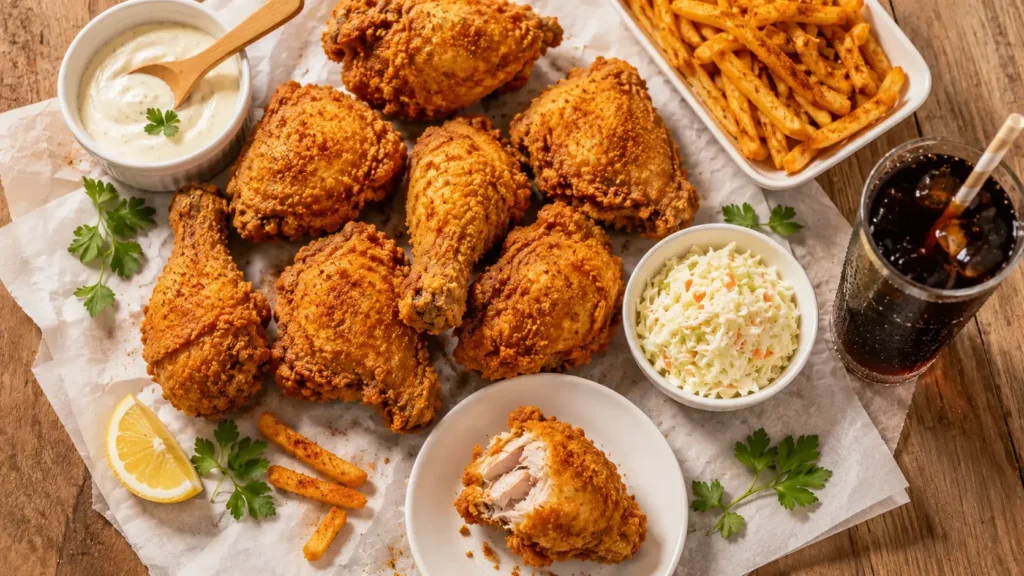 Albaik pilgrims food broasted chicken garlic sauce fries coleslaw full meal flatlay Saudi Arabia 2026