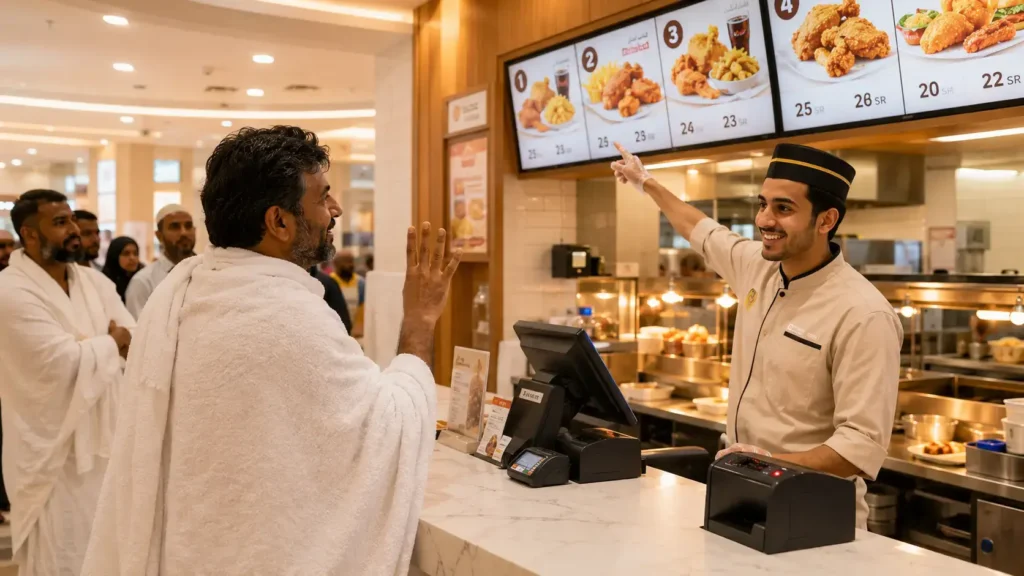 Pilgrim ordering Albaik pilgrims food at counter in Makkah Saudi Arabia using hand gesture without speaking Arabic
Caption: Ordering Albaik pilgrim's food does not require Arabic. Counter
staff at Makkah branches are experienced with pilgrims from every
country and handle English orders, gestures, and phone screens
every day