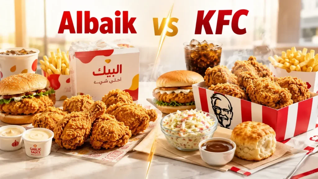 Albaik vs KFC comparison featuring crispy fried chicken meals, fries, burgers, and drinks