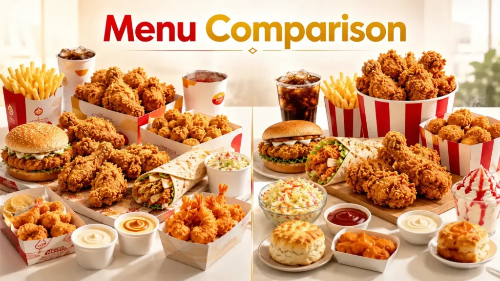 Albaik vs KFC menu comparison showing chicken meals burgers fries and side dishes