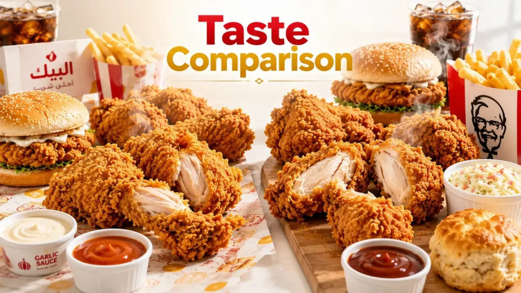 Albaik vs KFC taste comparison with crispy fried chicken close up