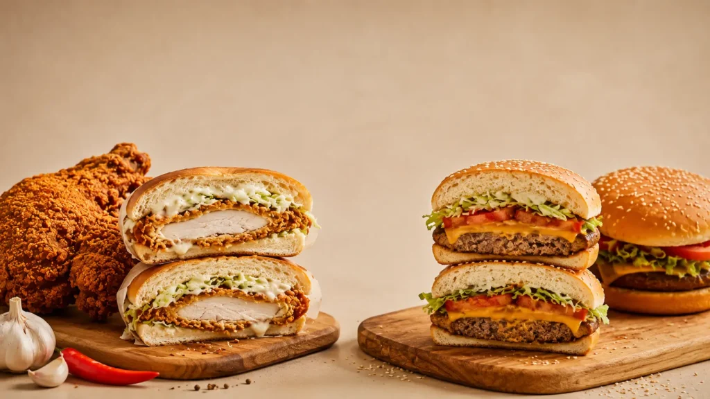 Albaik vs McDonald's menu comparison featuring broasted chicken and beef burger options