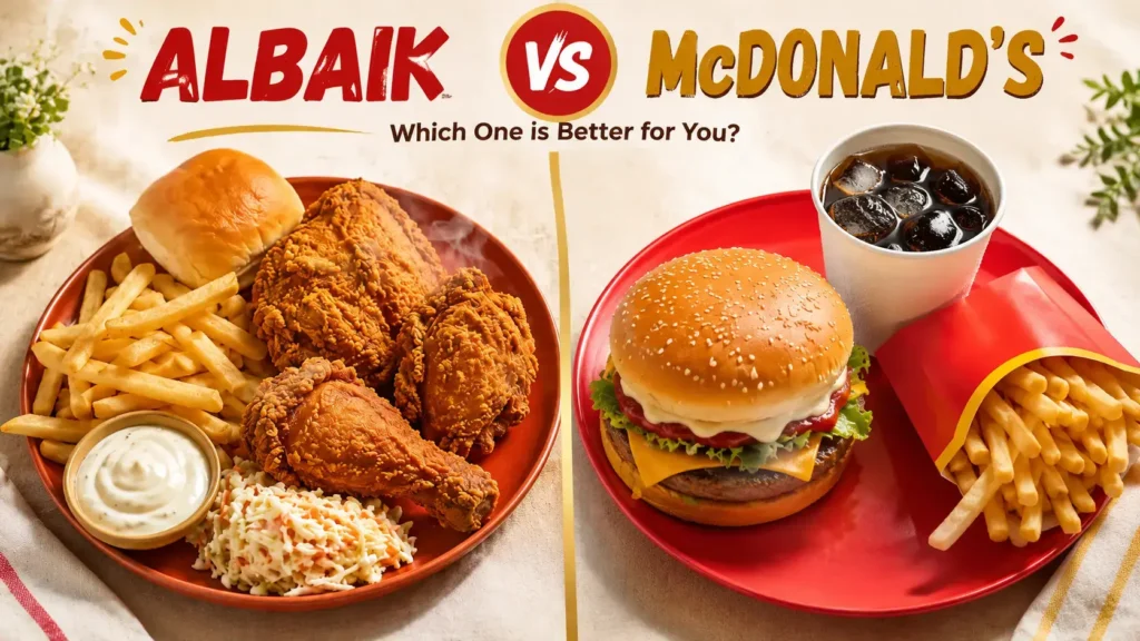 Albaik or McDonald's Saudi Arabia comparison showing broasted chicken meal beside a beef burger meal