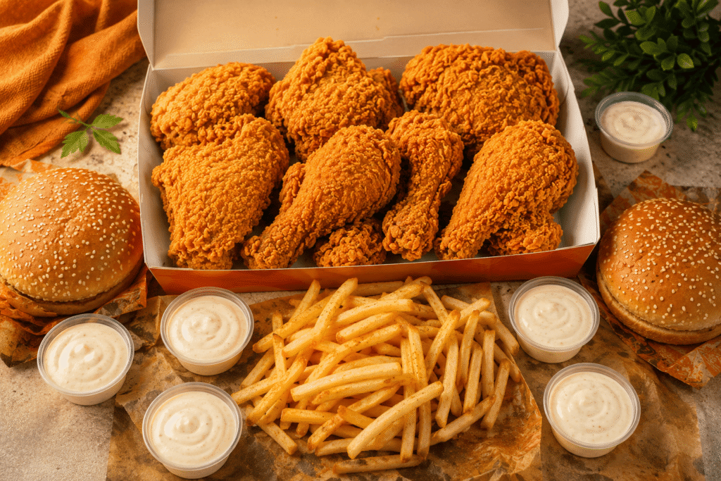Albaik 8-piece crispy chicken meal with fries, two buns, and garlic sauce