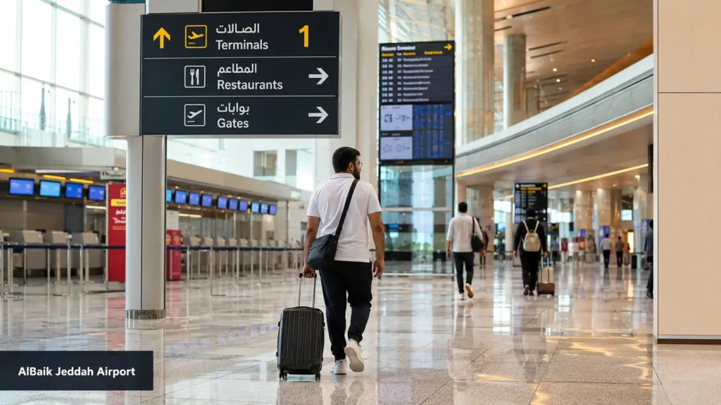 Albaik Jeddah Airport Terminal 1 wayfinding and restaurant directions