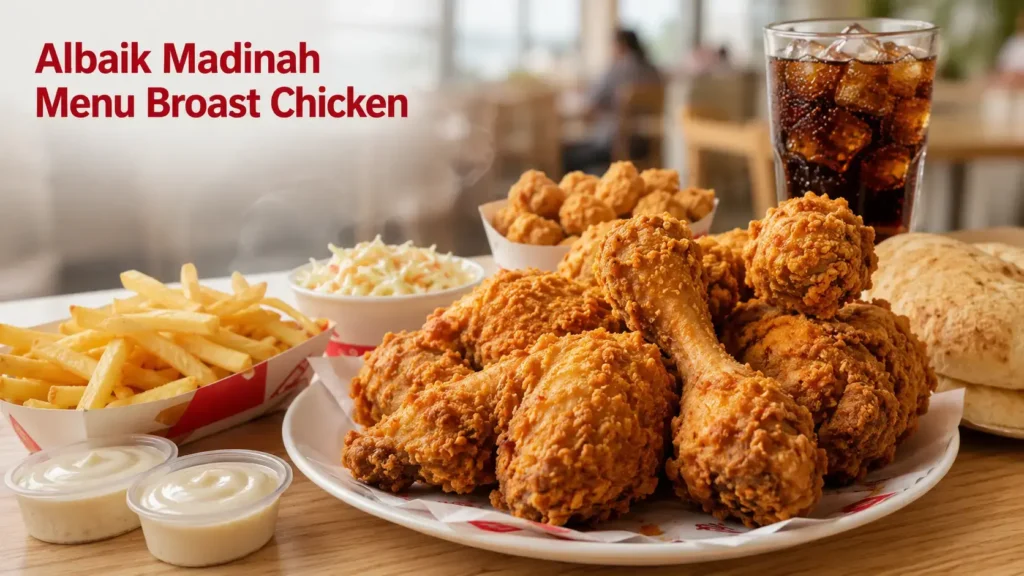 Albaik Madinah menu with broast chicken fries and garlic sauce
