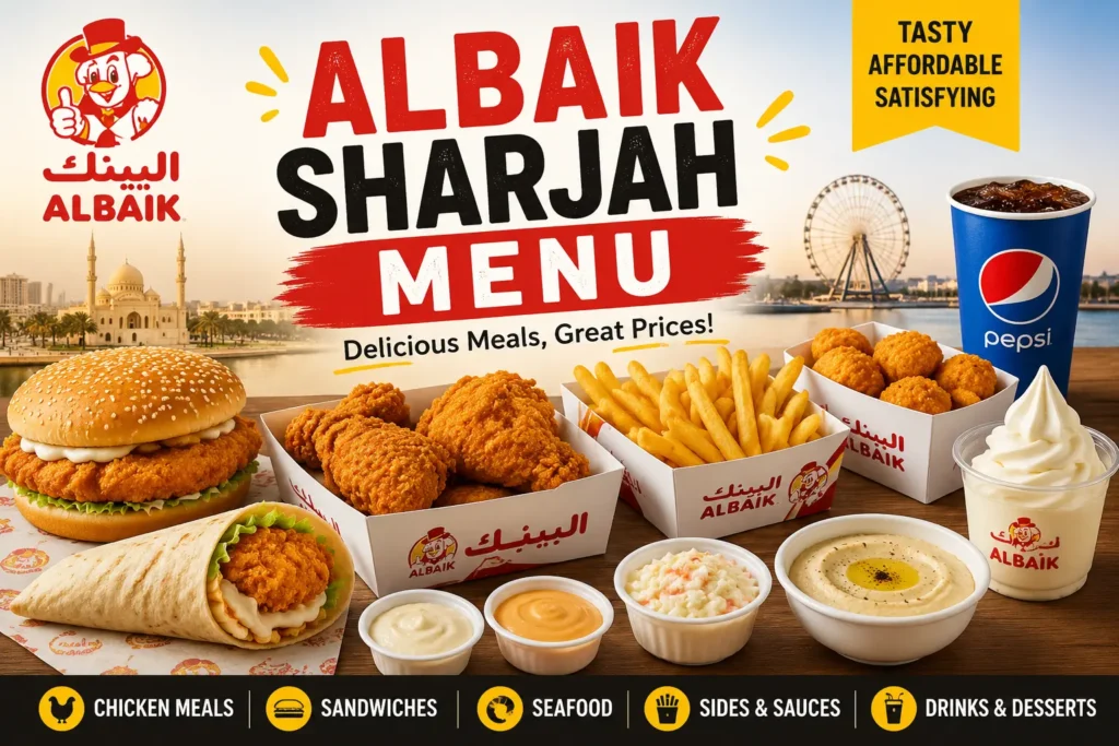 Albaik Sharjah Menu featuring popular chicken meals, sandwiches, seafood, sides, drinks, and desserts
