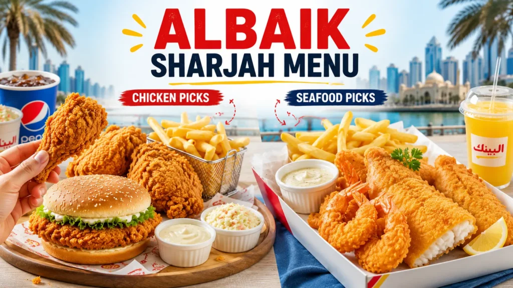 A professional landscape comparison showing chicken and seafood choices associated with the Albaik Sharjah Menu, including crispy chicken, sandwiches, fish, shrimp, fries, and sauces.