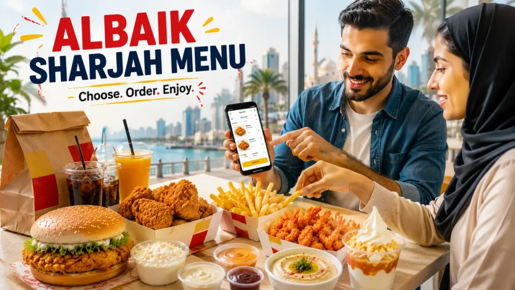 Albaik Sharjah Menu ordering scene with chicken, seafood, fries, sauces, drinks, and desserts